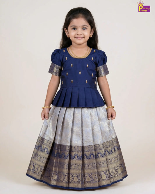 Kids Dark Blue Traditional Aari Work Pattupavadai PPP1861
