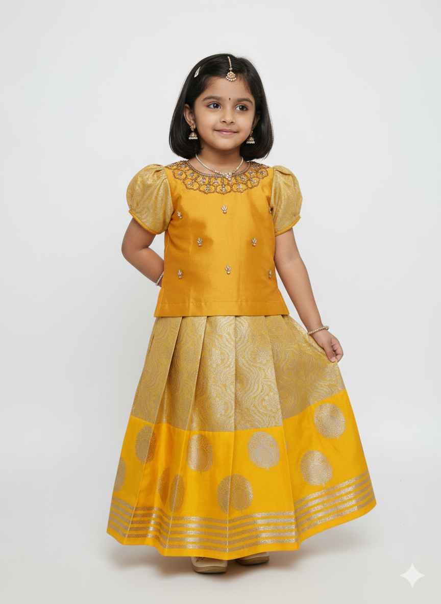 Kids Yellow Traditional Aari Pattupavadai PPP1949