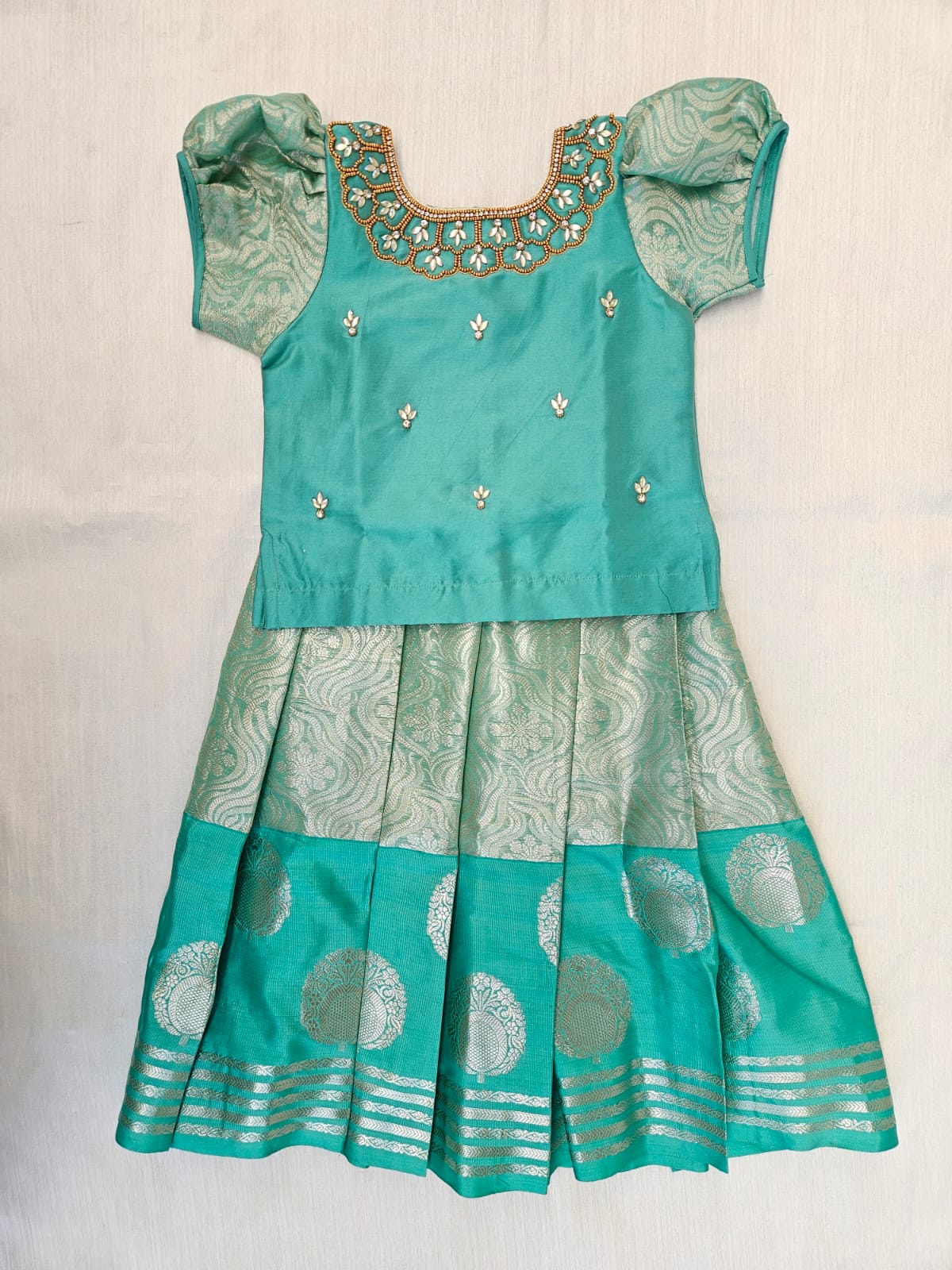 Kids Pale Green Traditional Aari Pattupavadai PPP1951
