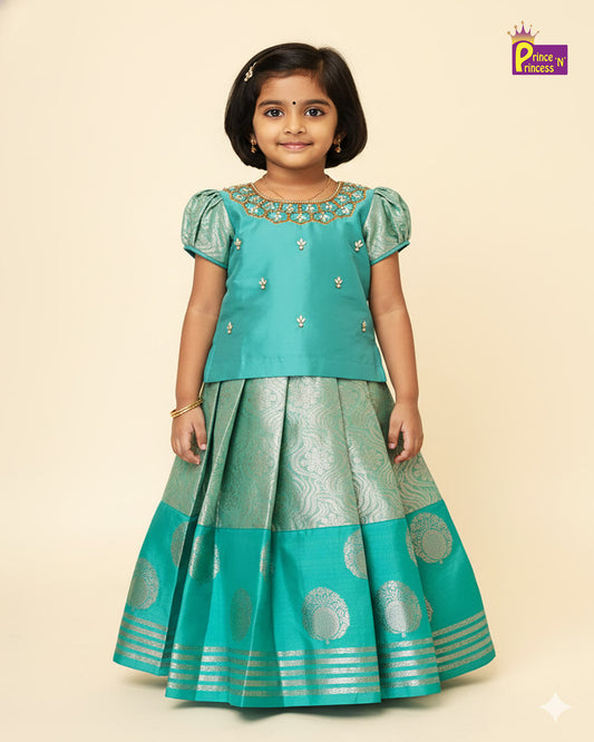 Kids Pale Green Traditional Aari Pattupavadai PPP1951