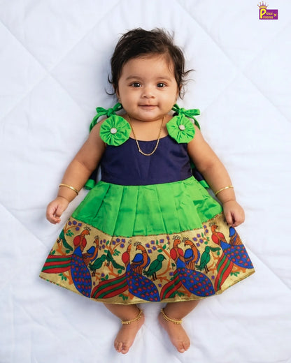 Toddlers Navy Blue Green Raw Silk Pattu Frock LF449
