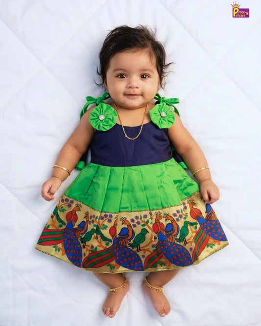 Toddlers Navy Blue Green Raw Silk Pattu Frock LF449